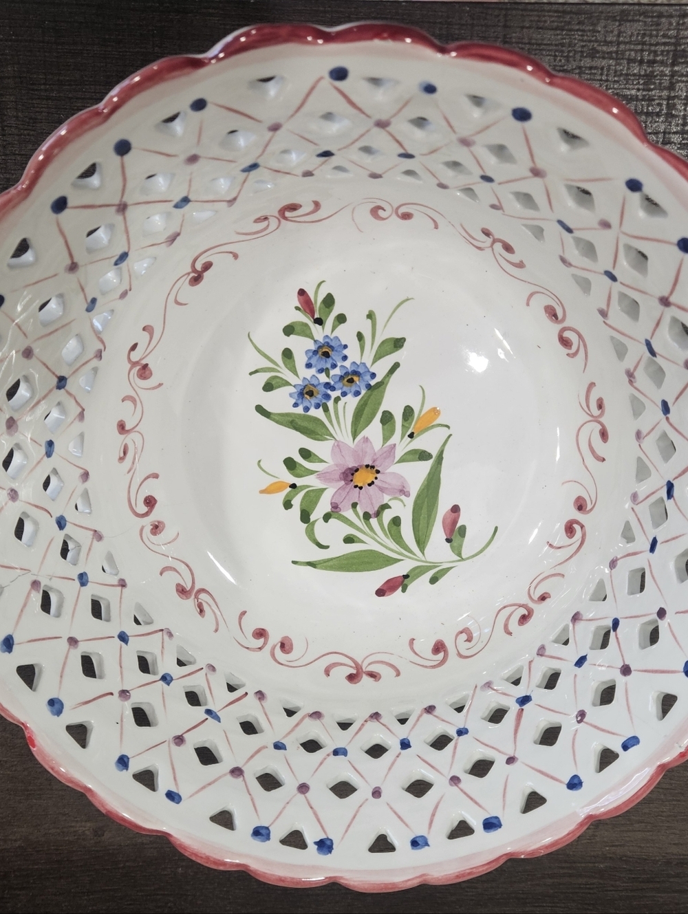 Vtg RCCL Hand-Painted Floral Ceramic Bowl Portugal Lattice Design Scalloped Rim